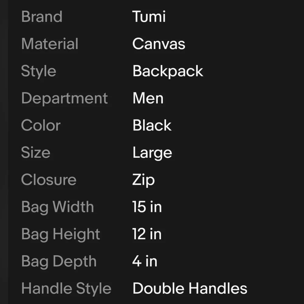 TUMI Black Backpack with Padded Straps and Multiple Compartments